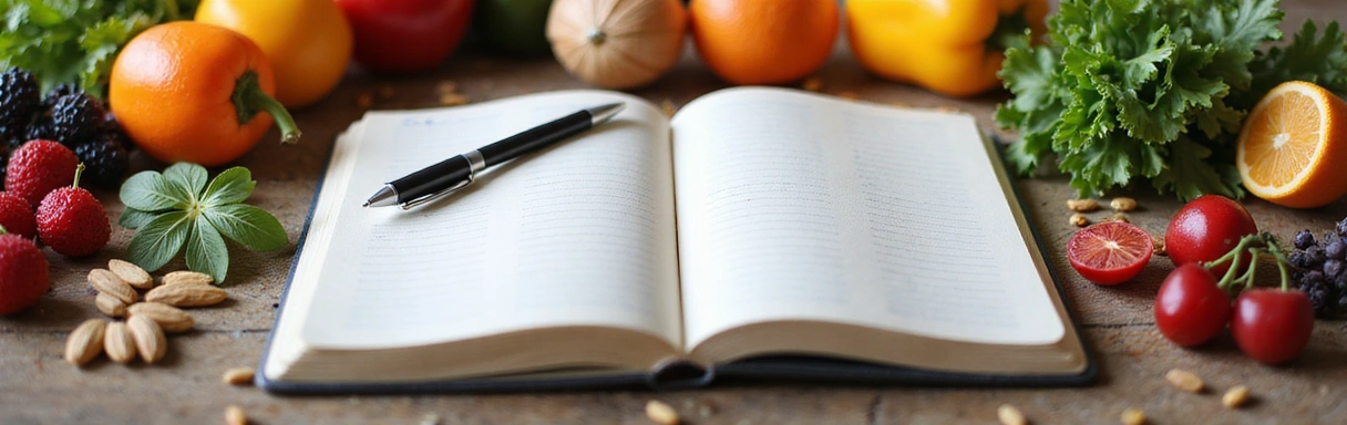 Open notebook with a pen, surrounded by healthy ingredients like fruits, vegetables, and nuts, suggesting learning and discovery in nutrition.