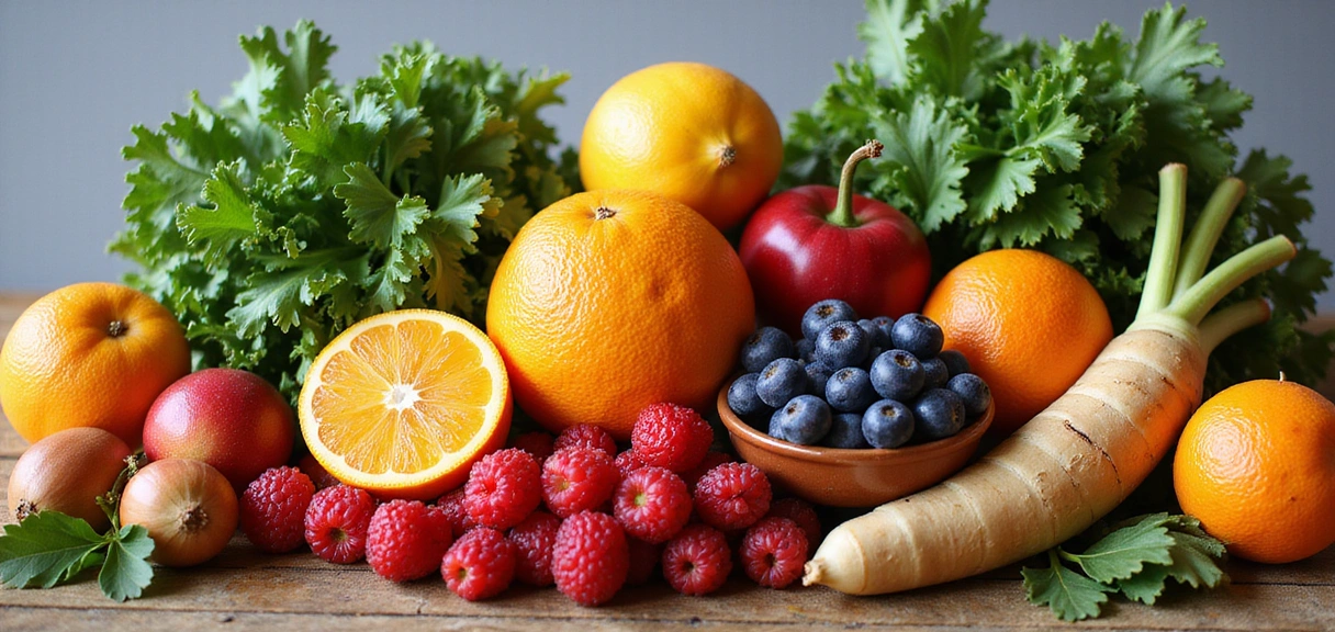 A vibrant display of fresh fruits and vegetables, symbolizing health and nutrition.