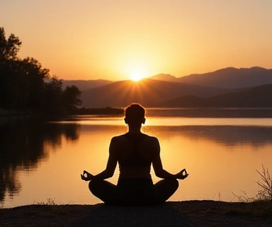A person meditating by a calm lake at sunrise