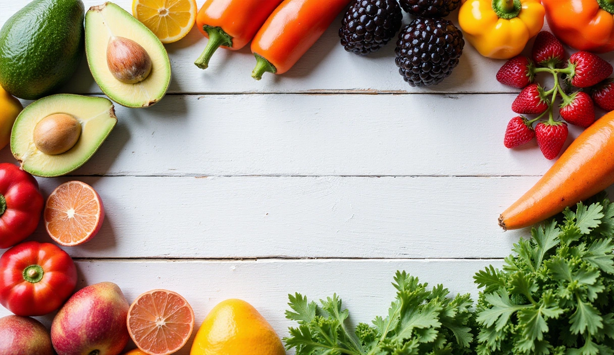 Bright, modern image of fresh, vibrant fruits and vegetables artfully arranged, no text