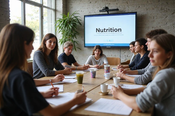 Group of people engaged in a learning environment about nutrition, possibly online or in person.