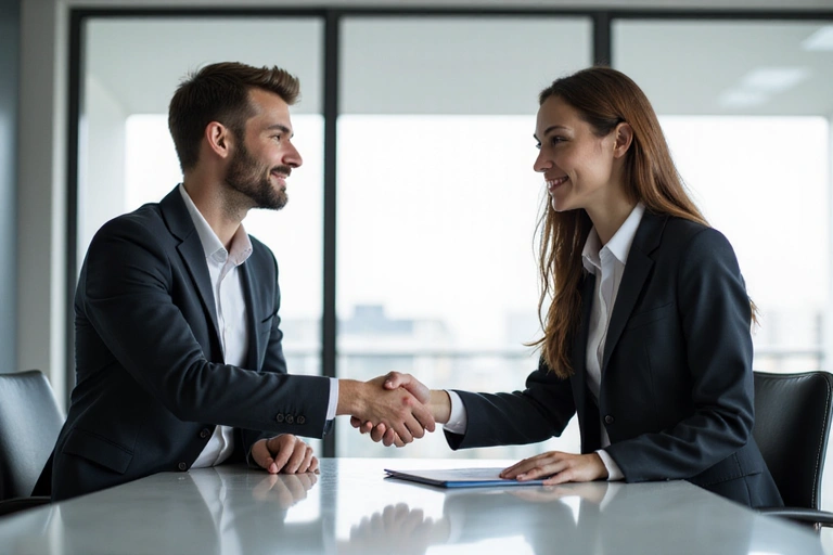 Two business people shaking hands in a professional setting, symbolizing agreement and legal terms.